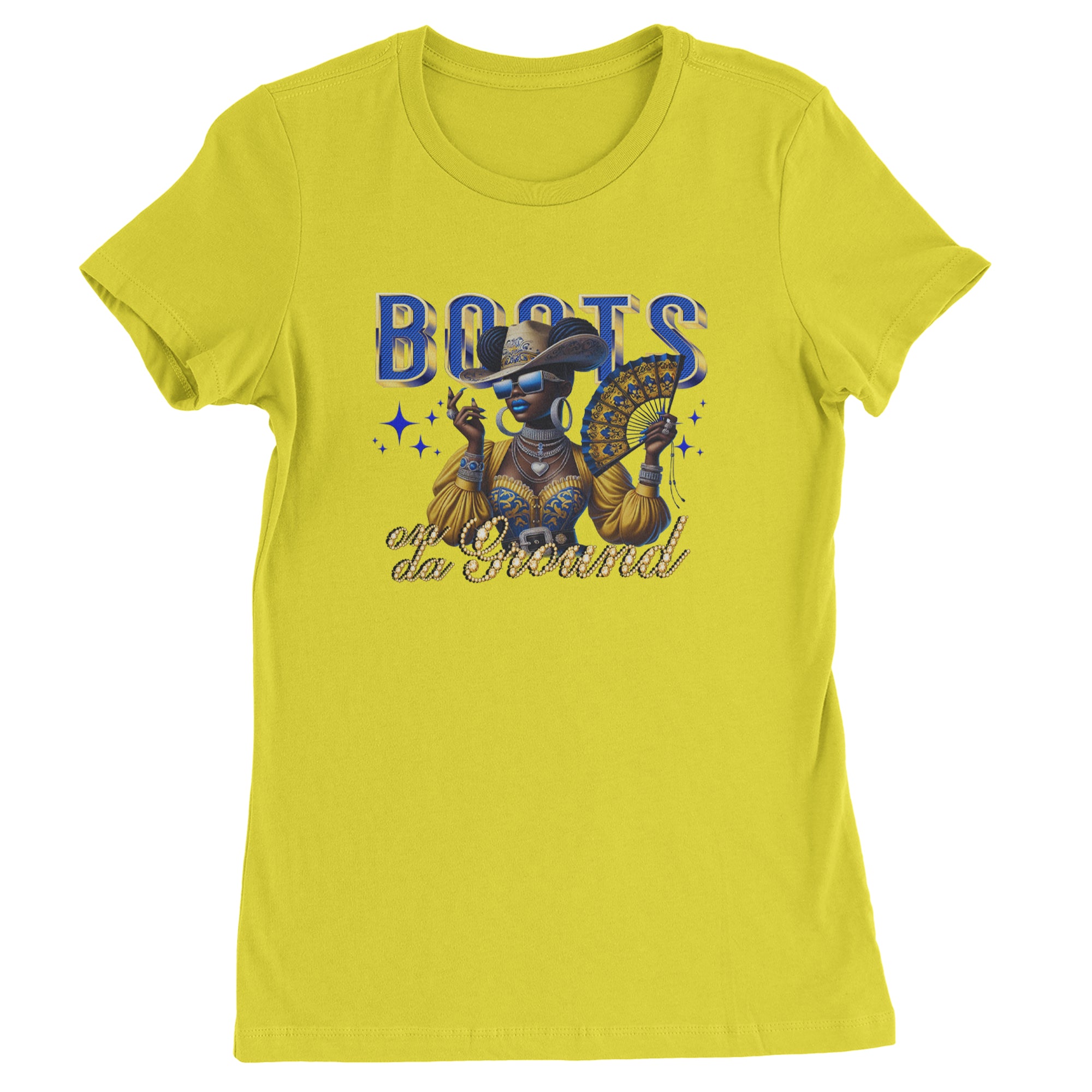 Boots On Da Ground Folding Fan Womens T-shirt Yellow