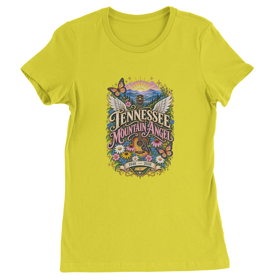 Tennessee Mountain Angel Wings Dolly Womens T-shirt Yellow
