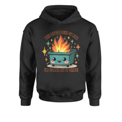 Kids' heavyweight fleece pullover hoodie with a smiling dumpster on fire graphic and a cheerful "this little light of mine" quote