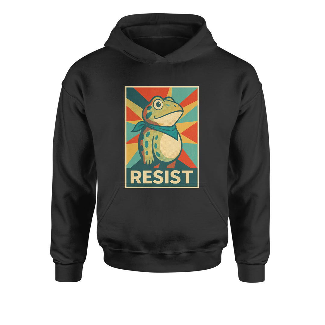 "RESIST" vintage protest poster style spotted frog artwork on a kids' heavyweight fleece pullover hoodie