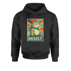 "RESIST" vintage protest poster style spotted frog artwork on a kids' heavyweight fleece pullover hoodie