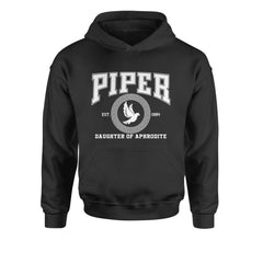 Kids' Heavyweight Fleece Pullover Hoodie with varsity-style Aphrodite theme, dove emblem, and Greek-key circle artwork