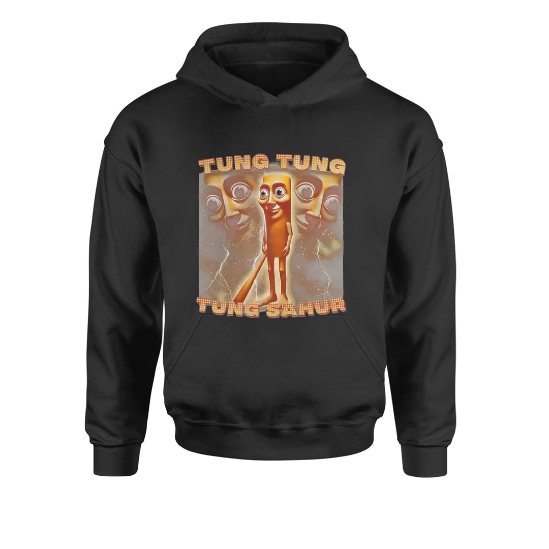 Spooky-funny enforcer character with "TUNG TUNG TUNG SAHUR" text on a kids' heavyweight fleece pullover hoodie