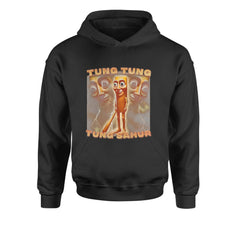Spooky-funny enforcer character with "TUNG TUNG TUNG SAHUR" text on a kids' heavyweight fleece pullover hoodie