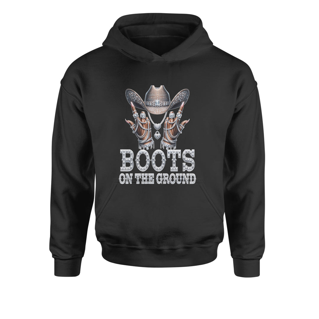 Boots On The Ground Bling artwork with rhinestone-style cowgirl hat, iced-out hands, and drippy jewelry on a kids' heavyweight fleece pullover hoodie