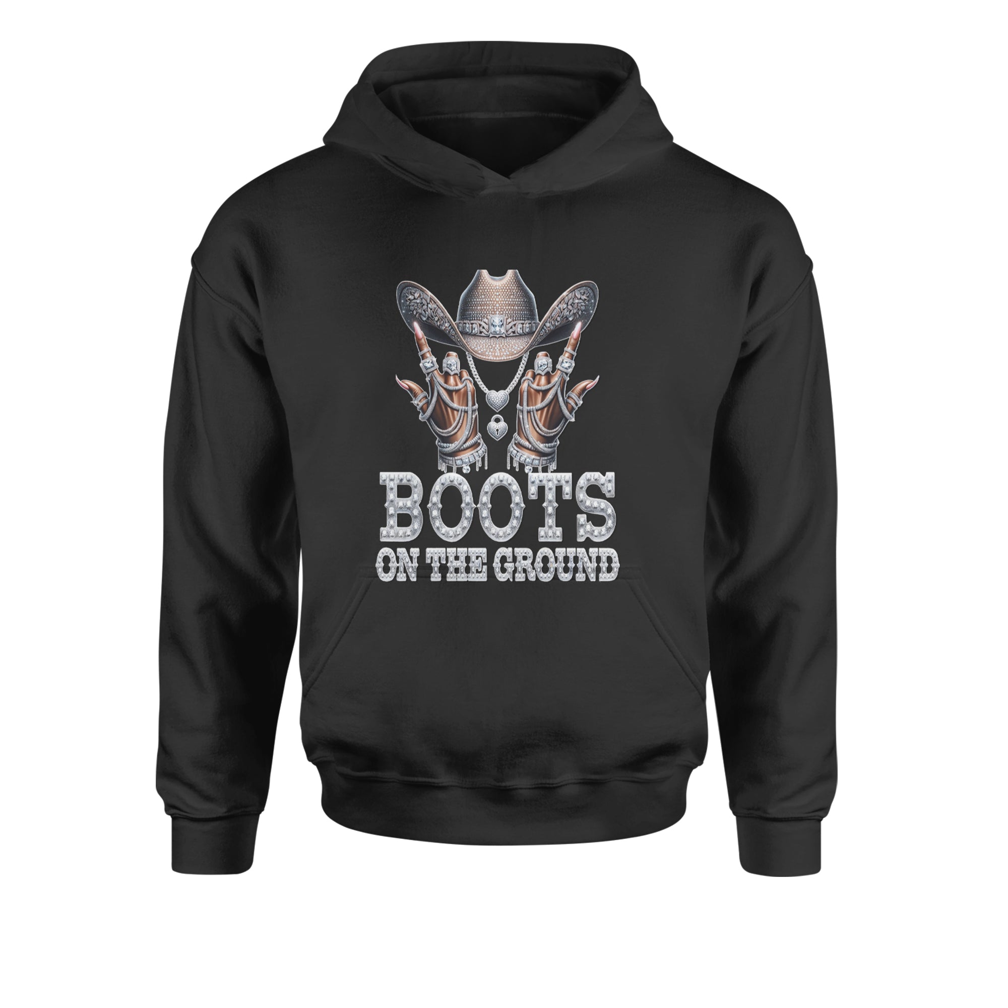 Boots On The Ground Bling Youth-Sized Hoodie Black