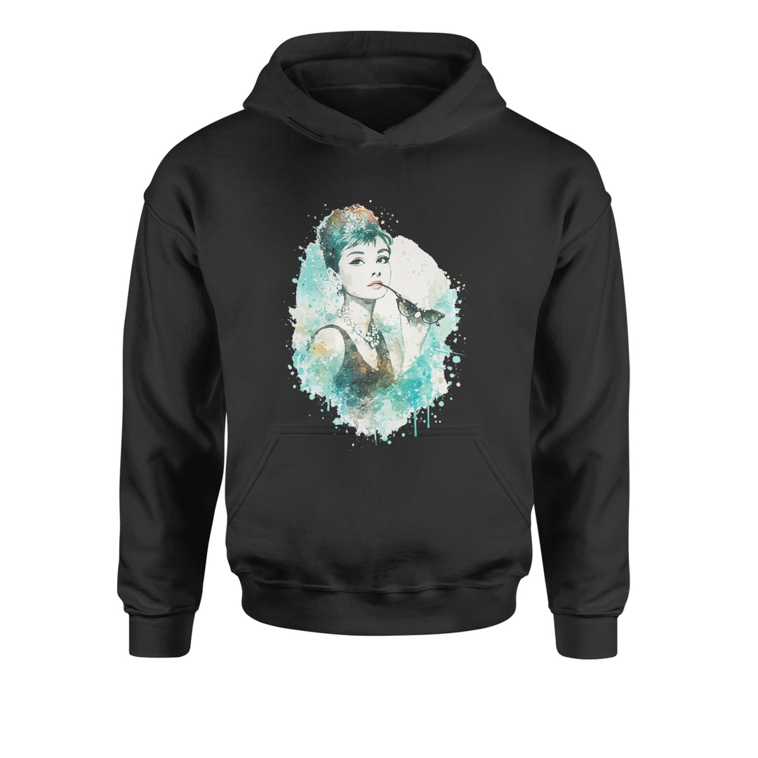 Mrs. Herpburn Iconic Watercolors Youth-Sized Hoodie Black