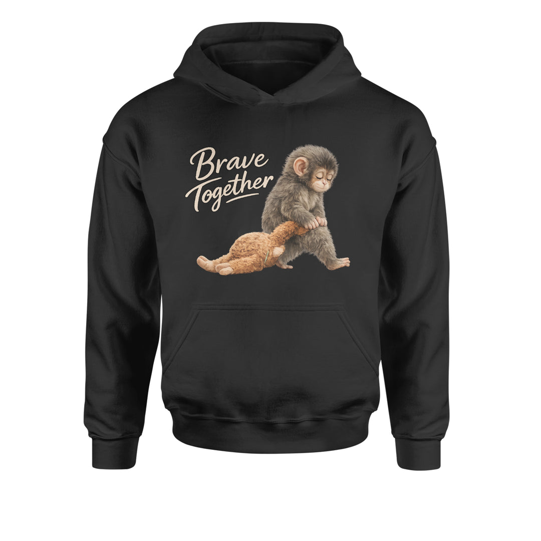 Kids' Heavyweight Fleece Pullover Hoodie with a small monkey holding a worn stuffed animal and "Brave Together" text