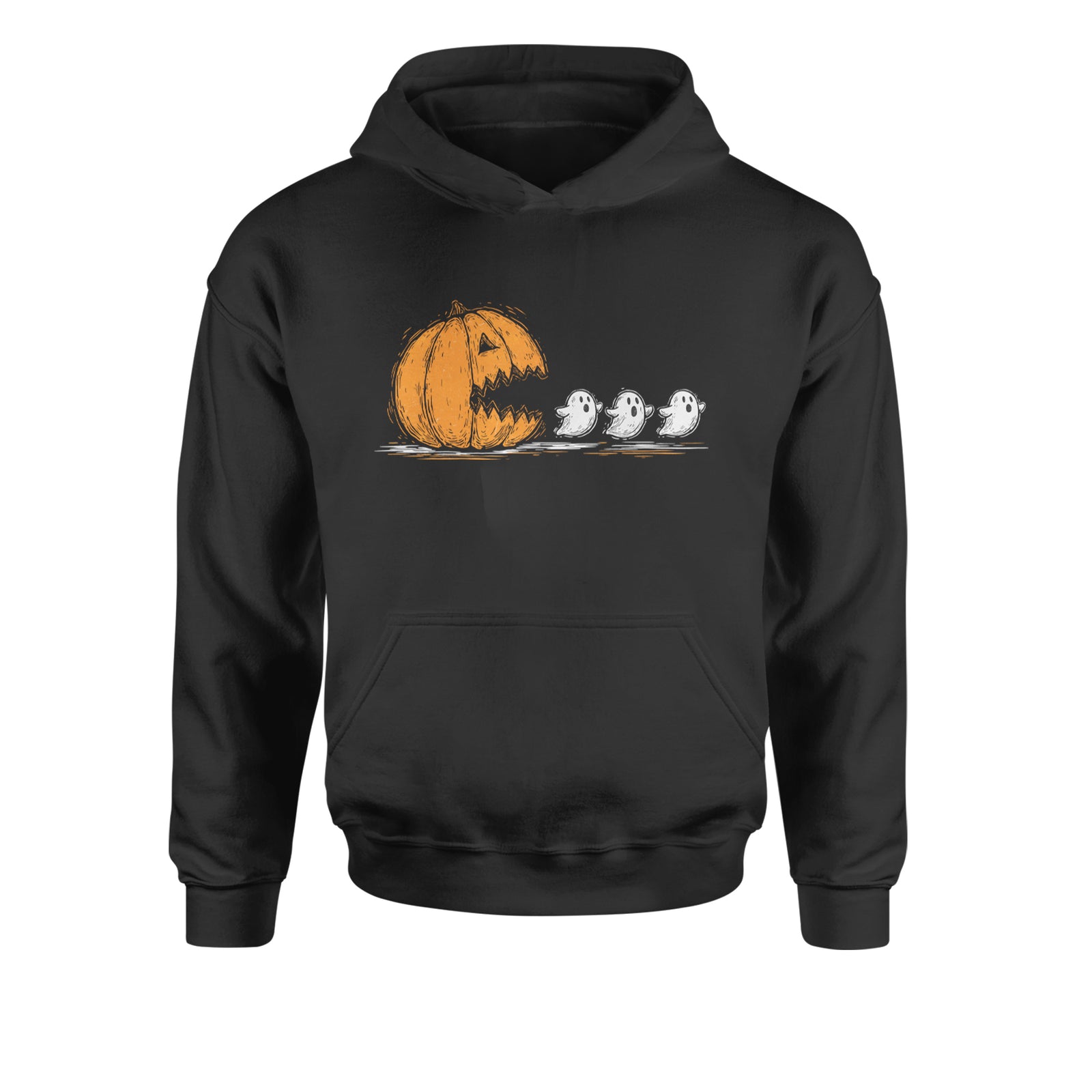 Pumpkin Pacman Chasing Ghosts Halloween Youth-Sized Hoodie Black
