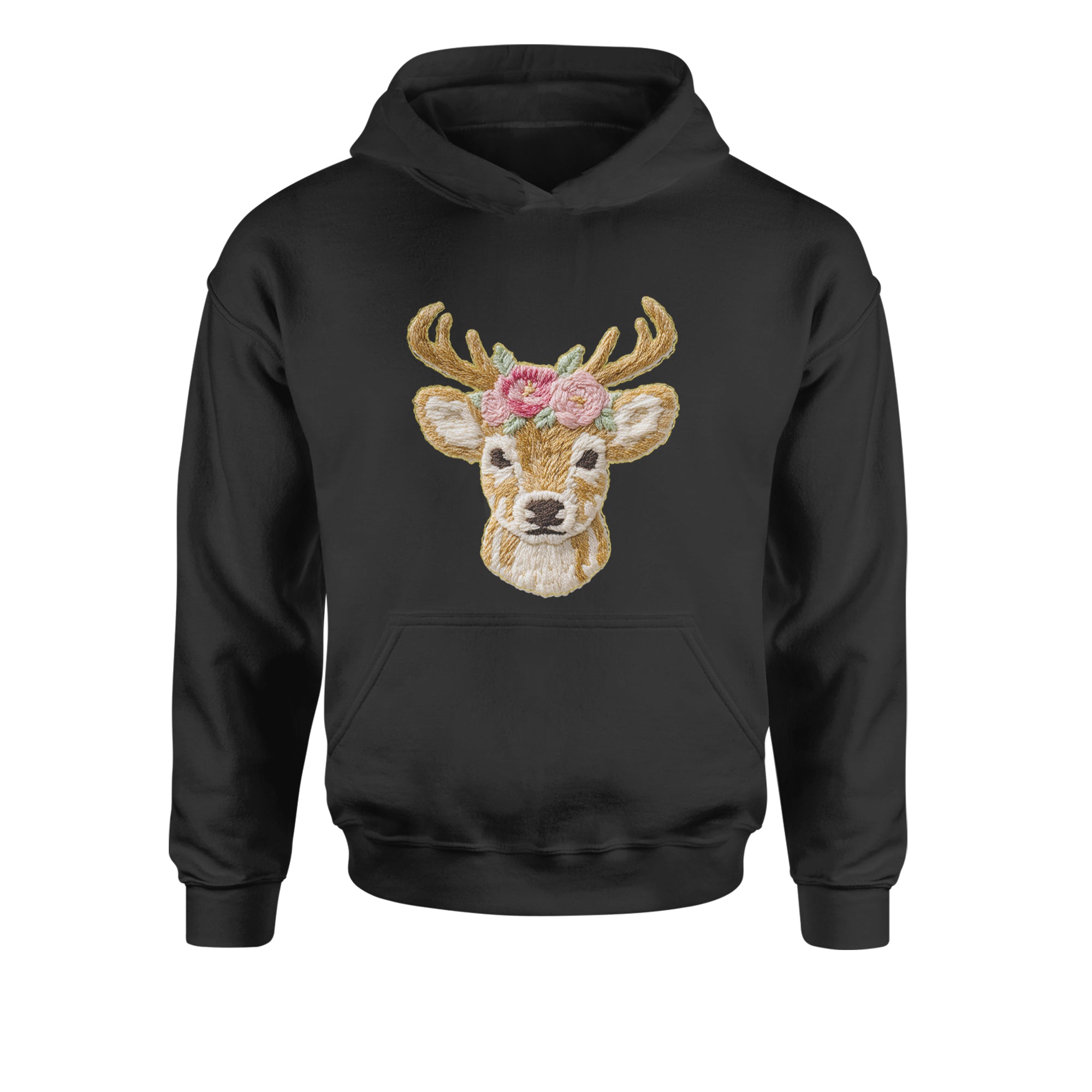 Vintage Reindeer Embroidery Art Soft Cottagecore Youth-Sized Hoodie Royal Blue