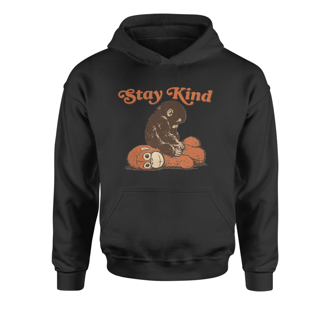 Kids' Heavyweight Fleece Pullover Hoodie with retro "Stay Kind" lettering and a macaque holding a stuffed toy