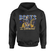 Kids' heavyweight fleece pullover hoodie with bling cowgirl, sunglasses, jewelry, and folding fan "Boots on da Ground" artwork