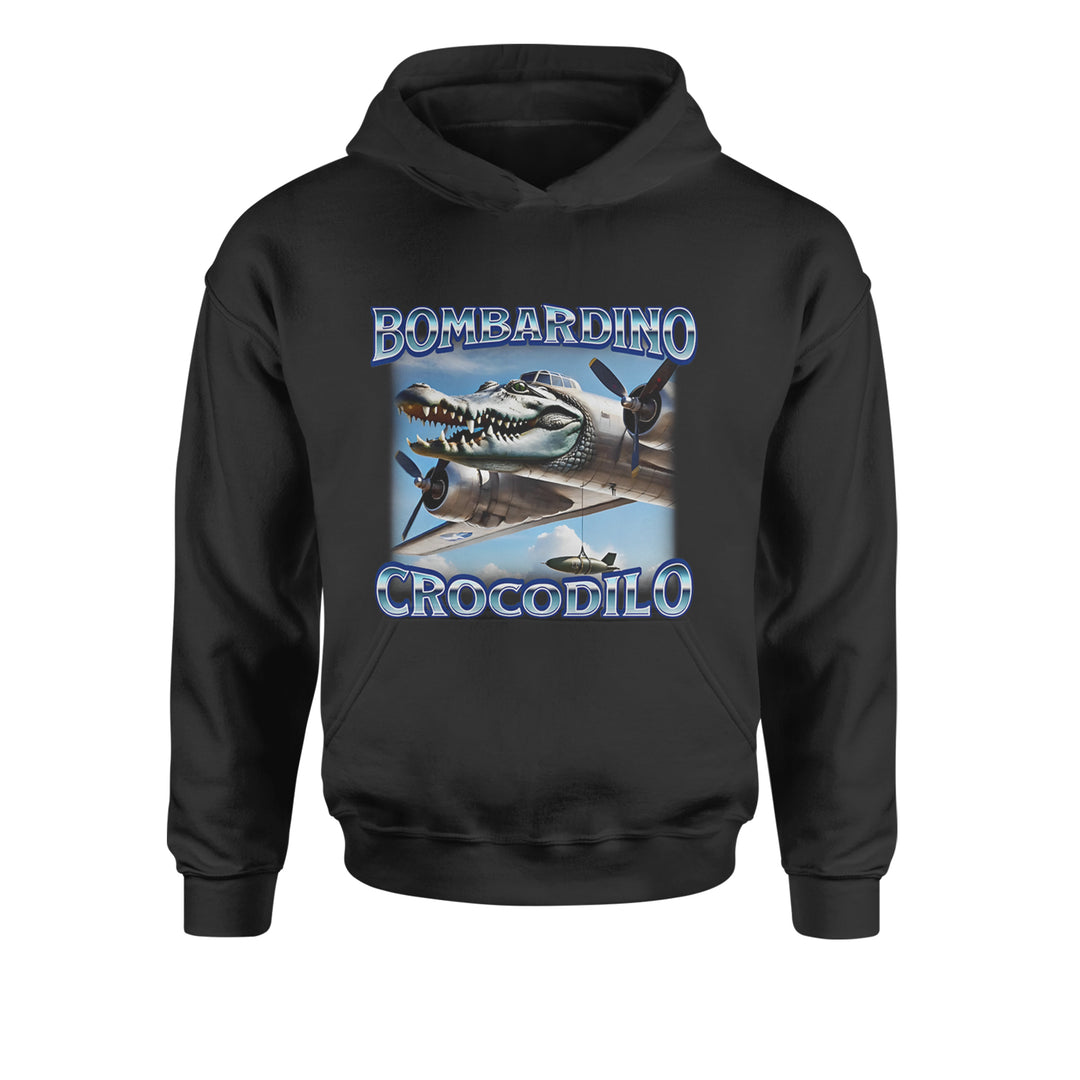 Youth heavyweight fleece pullover hoodie with a surreal crocodile head and propeller plane mashup and bold meme wording