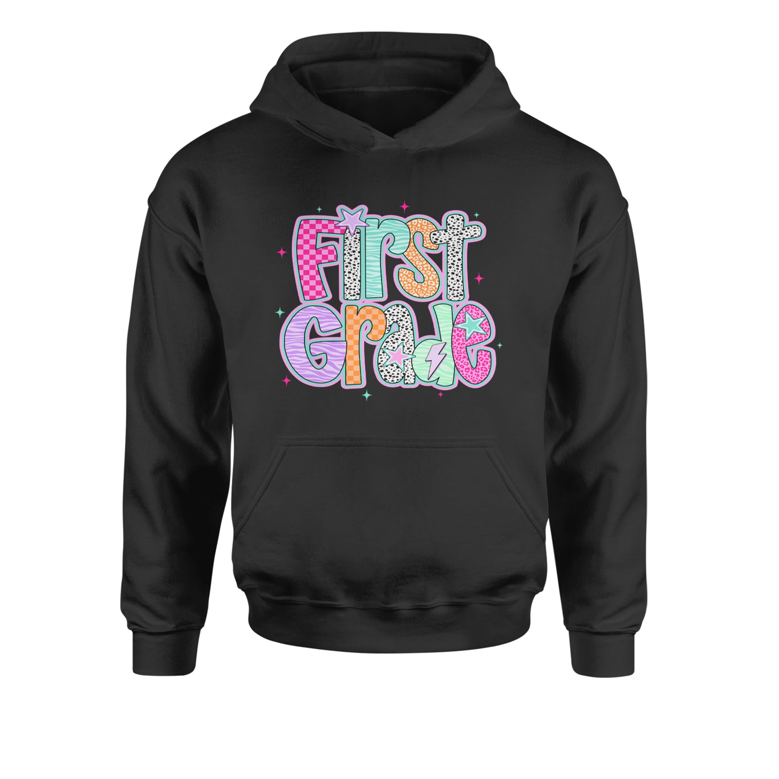 First Grade Vibes Colorful Back to School Youth-Sized Hoodie Black
