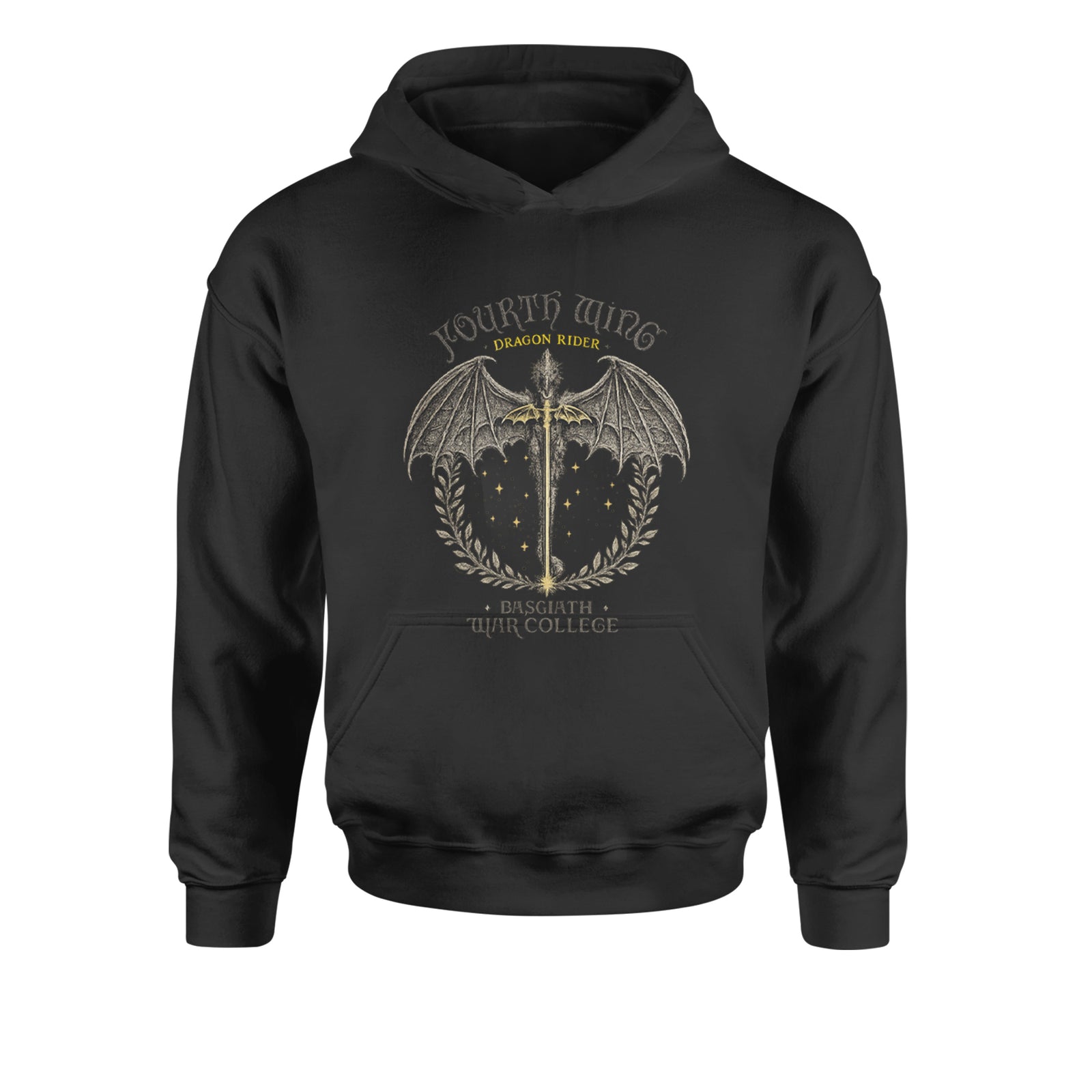 Fourth Wing Dragon Rider Vintage Basgiath War College Youth-Sized Hoodie Black