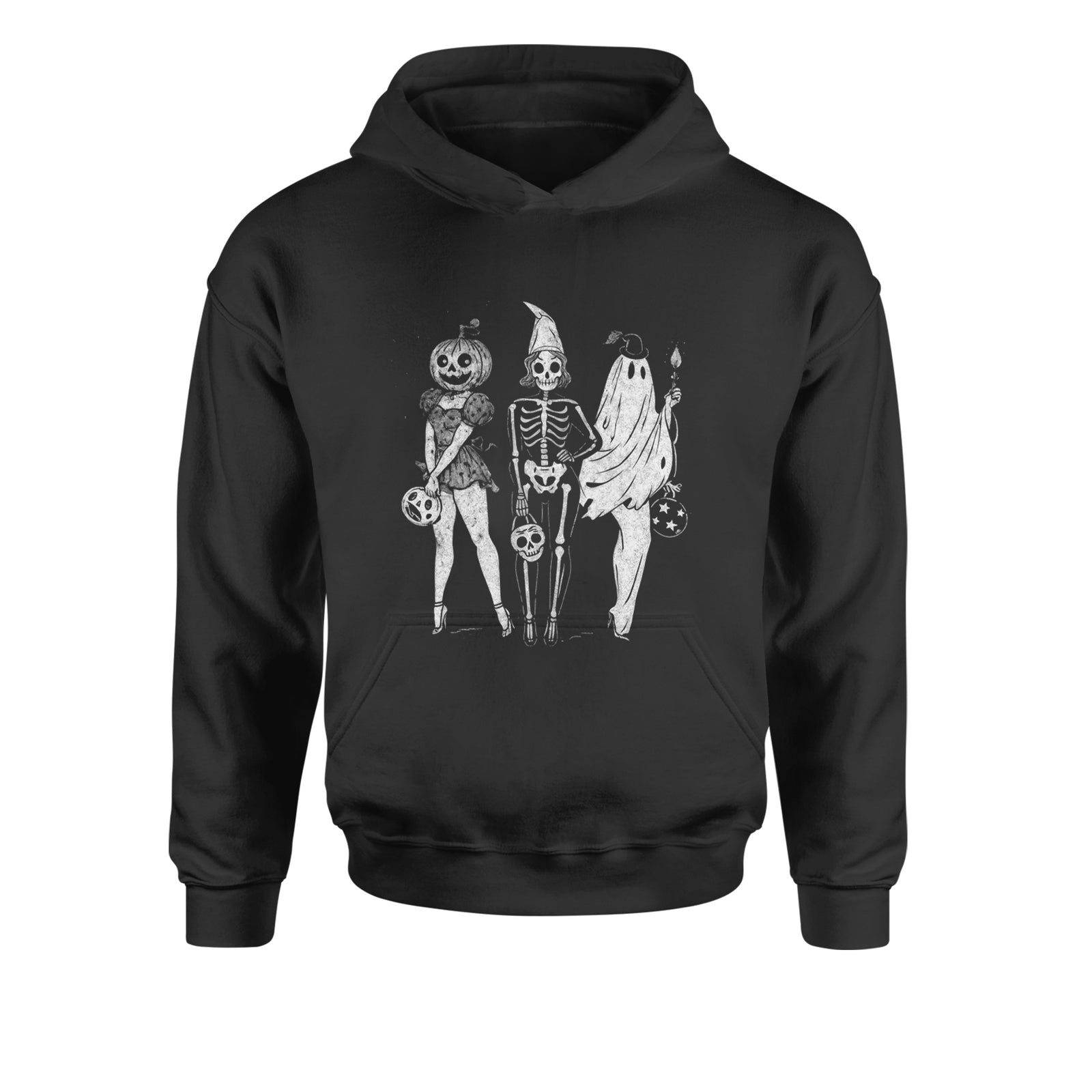 Vintage Spooky Squad Pinup Halloween Design Youth-Sized Hoodie Black