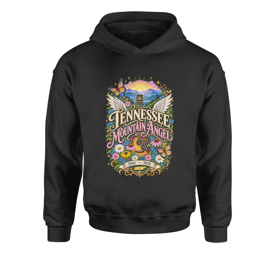 Tennessee Mountain Angel Wings Dolly Youth-Sized Hoodie Black