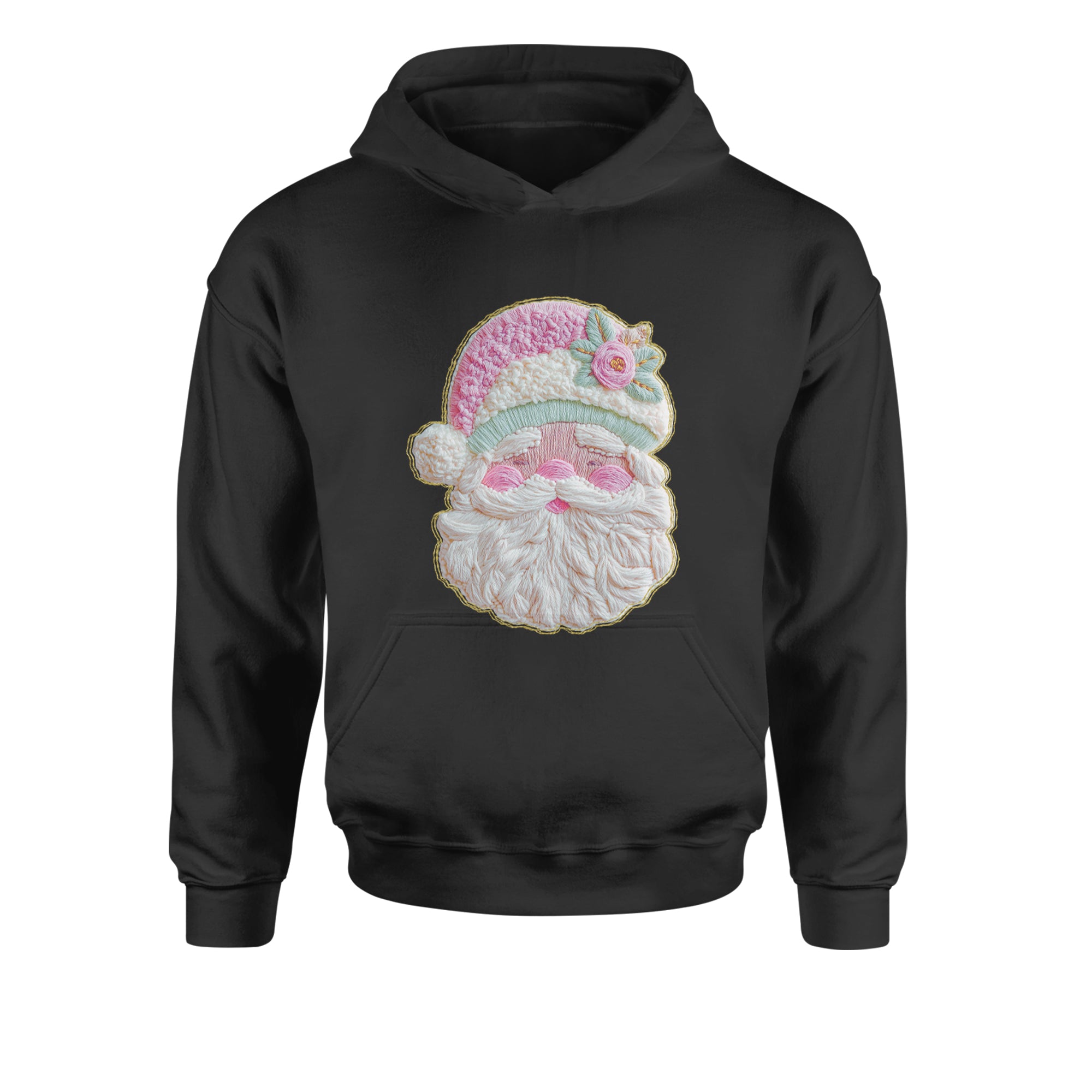 Vintage Santa Embroidery Art Soft Cottagecore Youth-Sized Hoodie Hot Pink