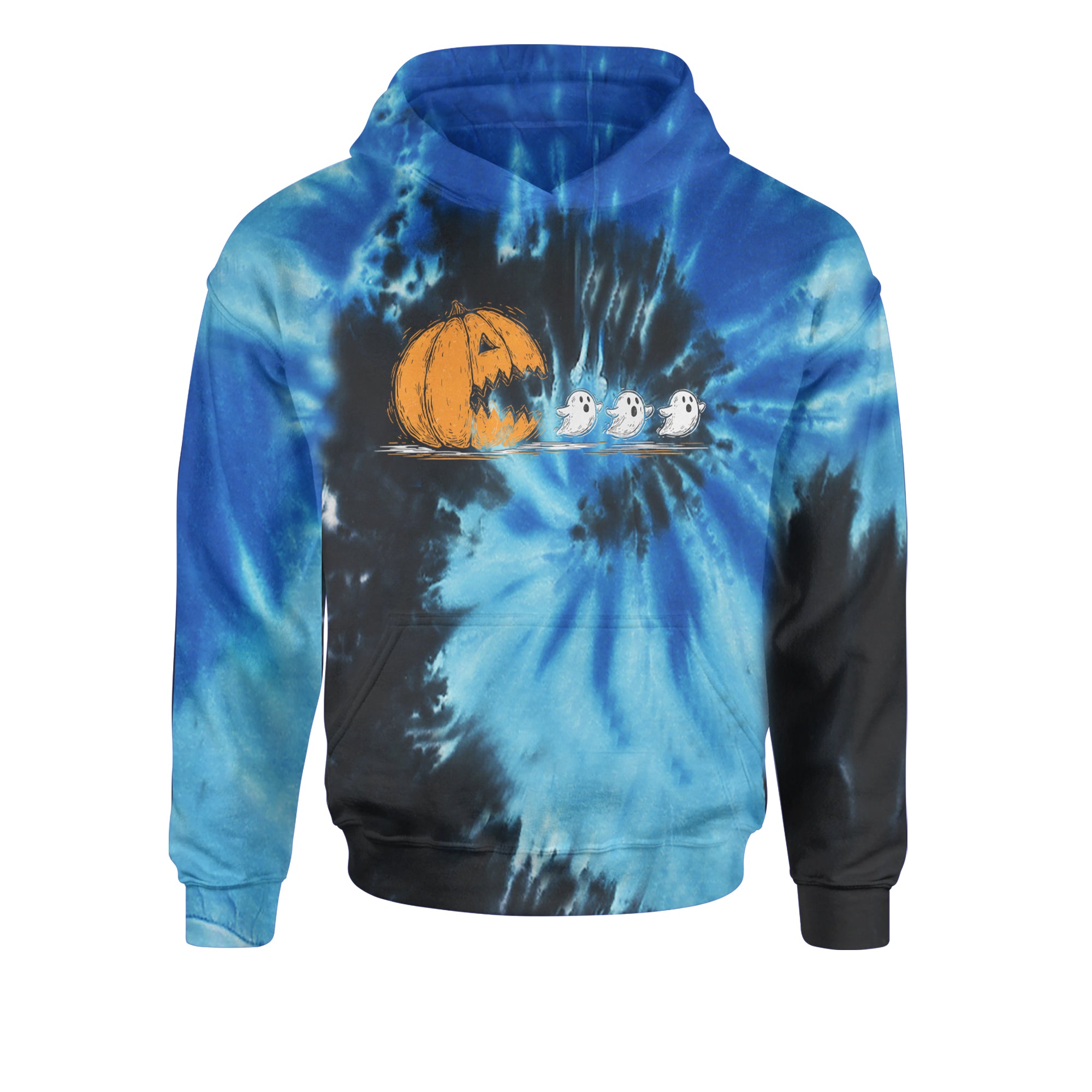 Pumpkin Pacman Chasing Ghosts Halloween Youth-Sized Hoodie Tie-Dye Blue Ocean