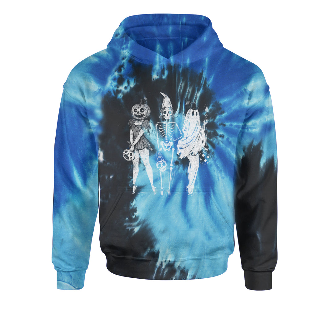 Vintage Spooky Squad Pinup Halloween Design Youth-Sized Hoodie Tie-Dye Blue Ocean
