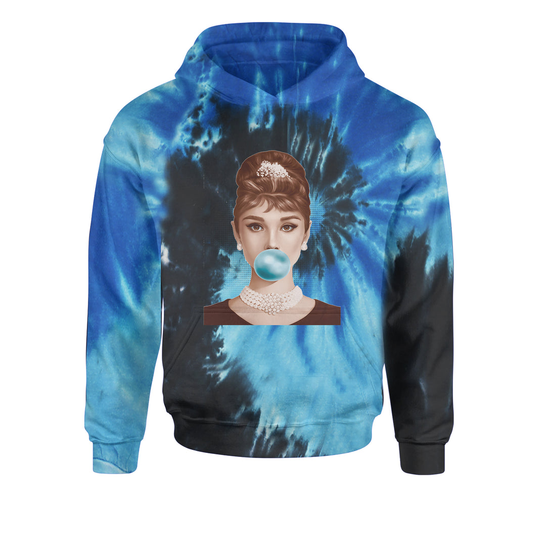 Audrey Hepburn Chewing Bubble Gum American Icon Youth-Sized Hoodie Tie-Dye Blue Ocean