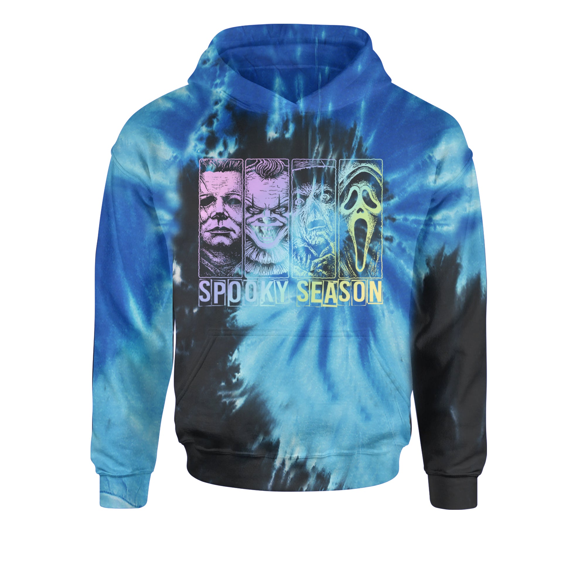 Spooky Season Horror Icons Halloween Youth-Sized Hoodie Tie-Dye Blue Ocean