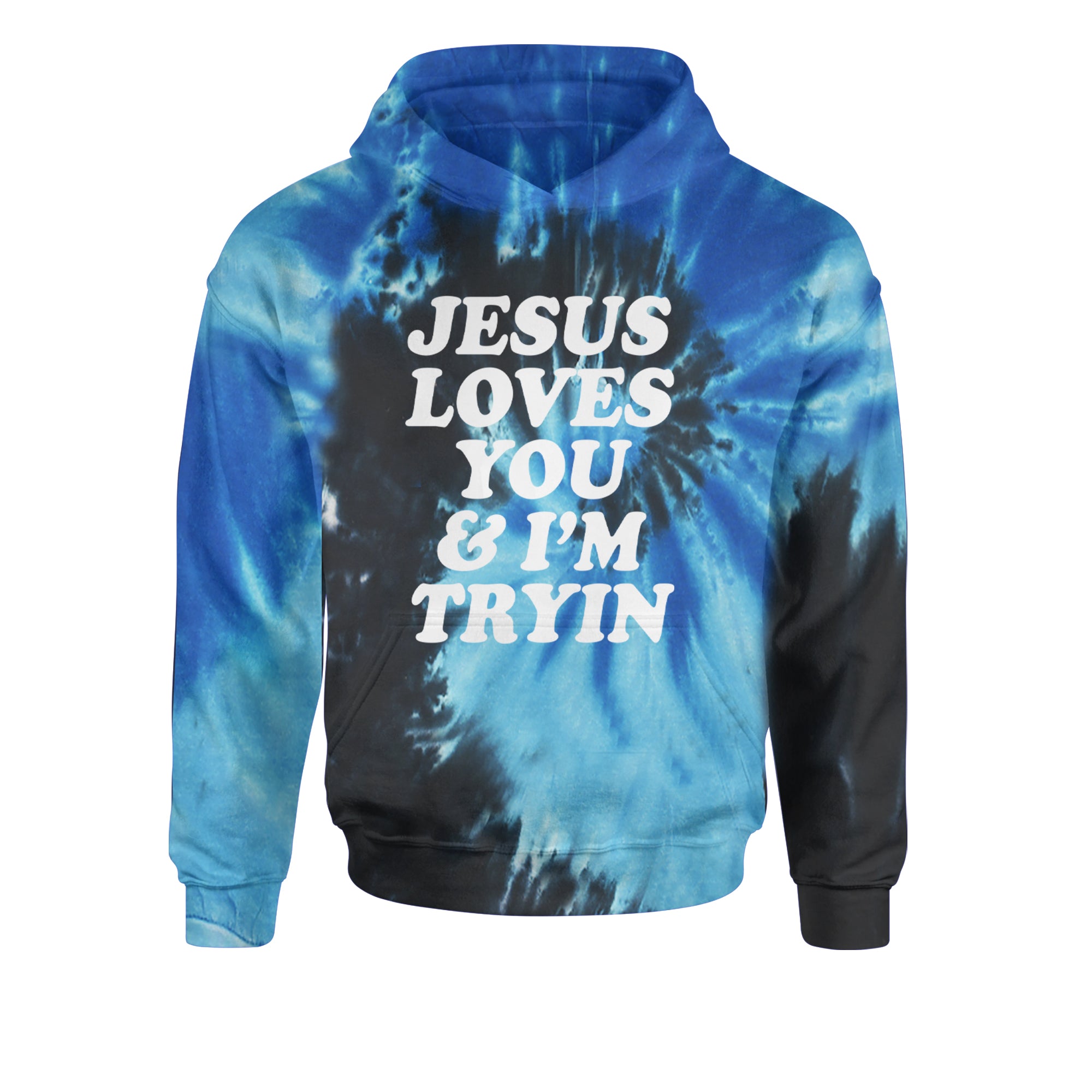 Jesus Loves You and I'm Trying Youth-Sized Hoodie Tie-Dye Blue Ocean