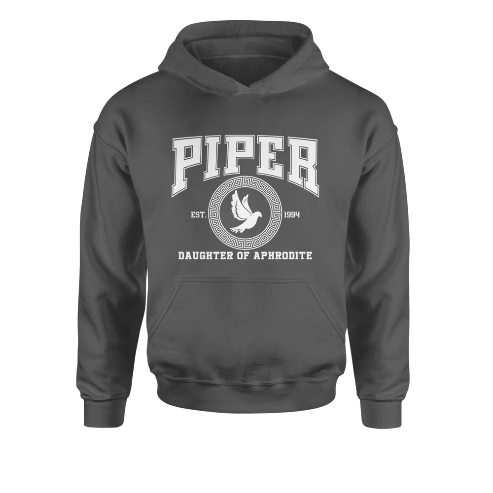 Piper Daughter of Aphrodite Rebel Heart graphic on Kids' Heavyweight Fleece Pullover Hoodie in Charcoal Grey