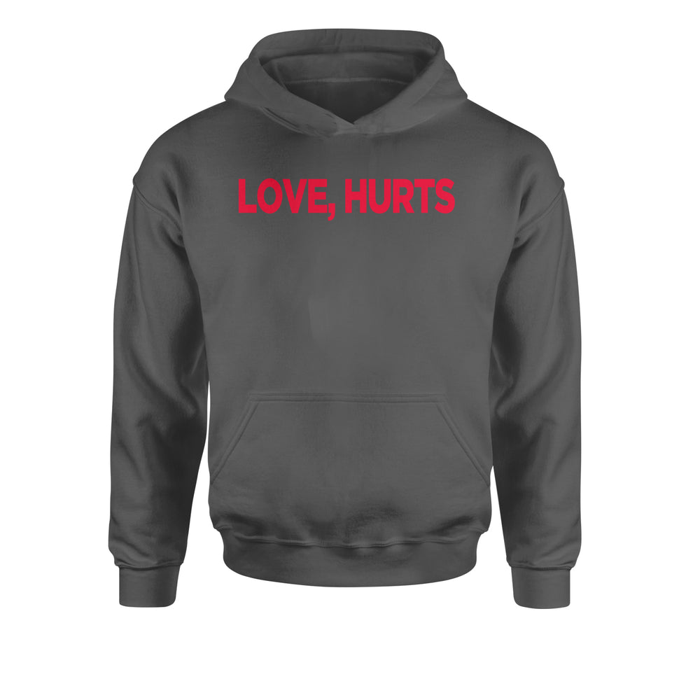 Love Hurts graphic on Kids' Heavyweight Fleece Pullover Hoodie in Charcoal Grey