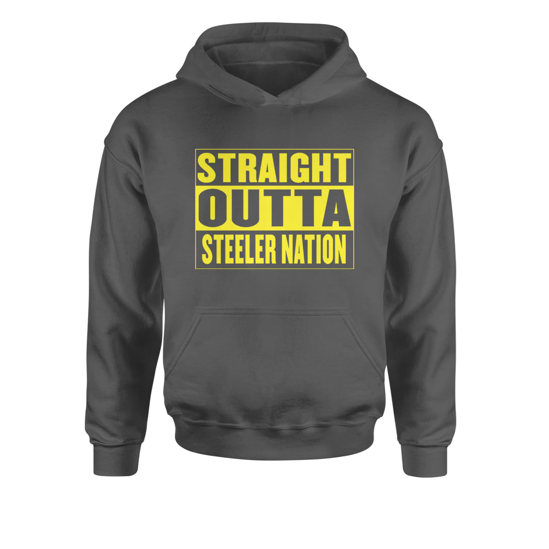 Straight Outta Steeler Nation Football graphic on Kids' Heavyweight Fleece Pullover Hoodie in Charcoal Grey