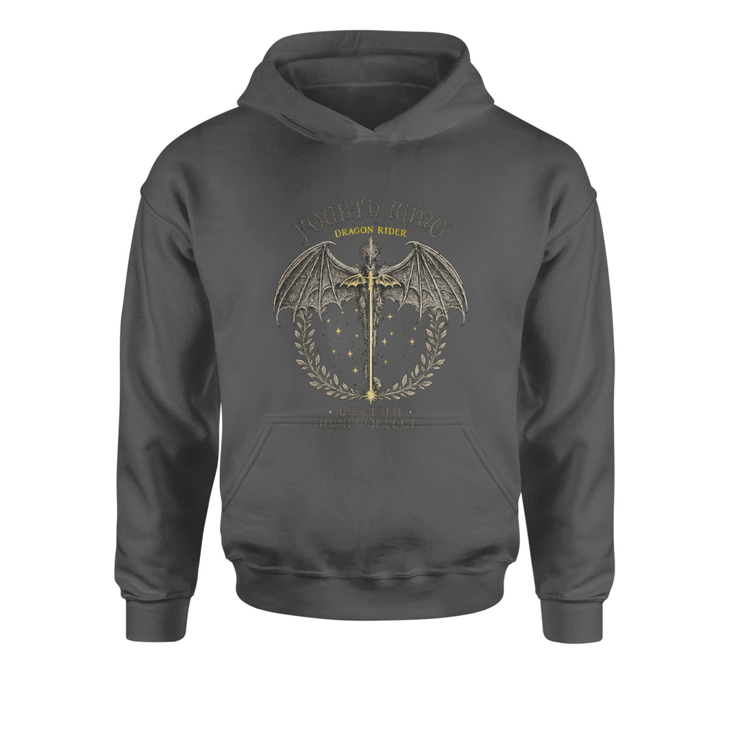 Fourth Wing Dragon Rider Vintage Basgiath War College Youth-Sized Hoodie Charcoal Grey