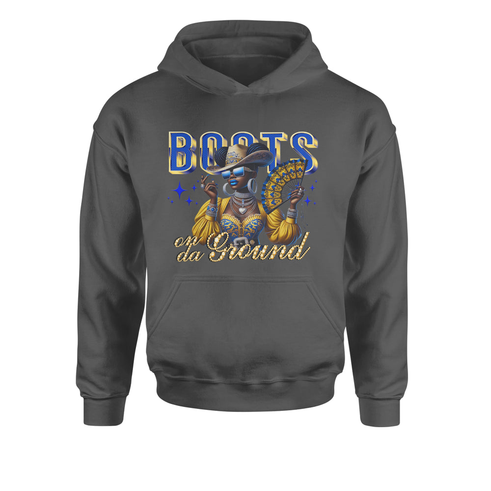 Boots On Da Ground Folding Fan graphic on Kids' Heavyweight Fleece Pullover Hoodie in Charcoal Grey