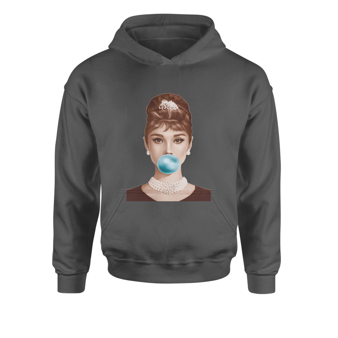 Audrey Hepburn Chewing Bubble Gum American Icon Youth-Sized Hoodie Charcoal Grey