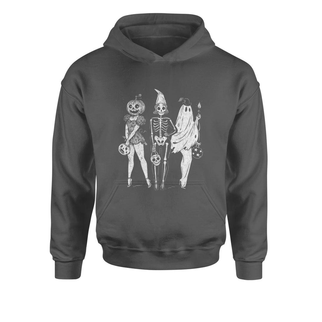 Vintage Spooky Squad Pinup Halloween Design Youth-Sized Hoodie Charcoal Grey