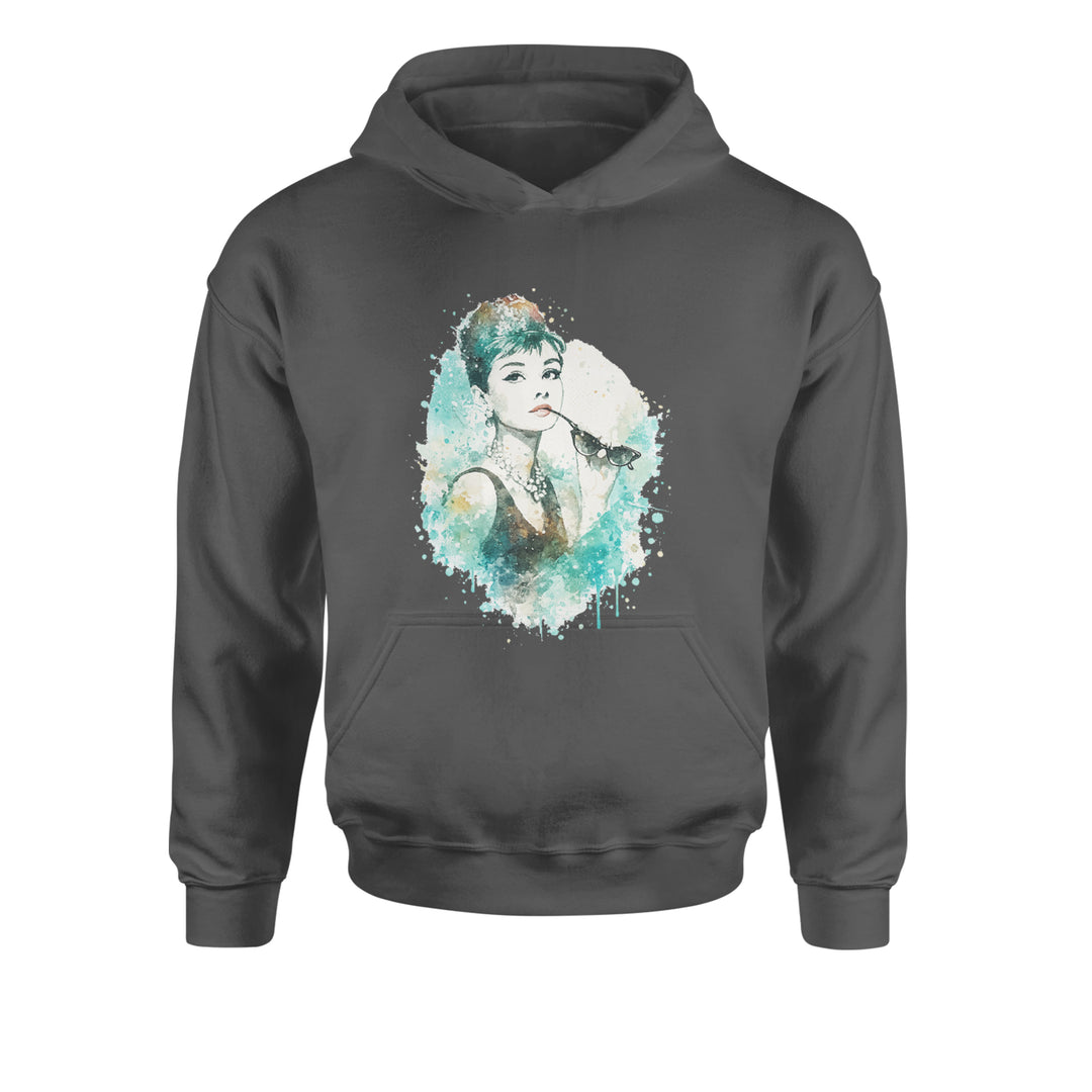 Mrs. Herpburn Iconic Watercolors Youth-Sized Hoodie Charcoal Grey