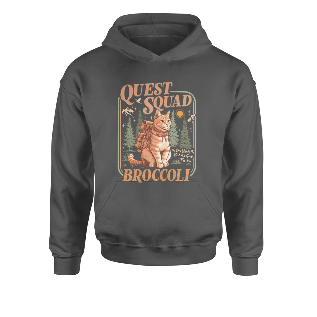 Quest Squad Broccoli Cat Fantasy Reader  Youth-Sized Hoodie Charcoal Grey