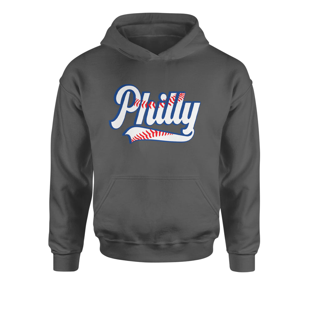 Philly Baseball Stitching graphic on Kids' Heavyweight Fleece Pullover Hoodie in Charcoal Grey