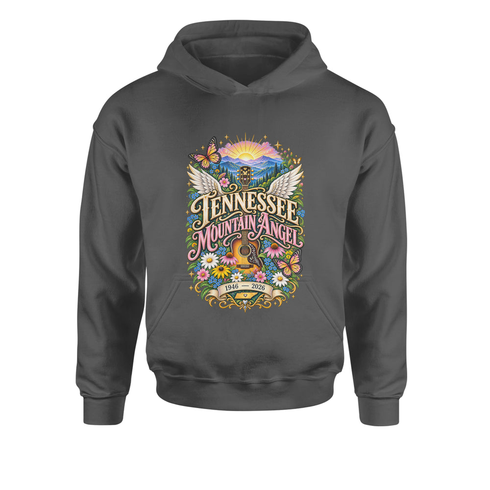 Tennessee Mountain Angel Wings Dolly Youth-Sized Hoodie Charcoal Grey