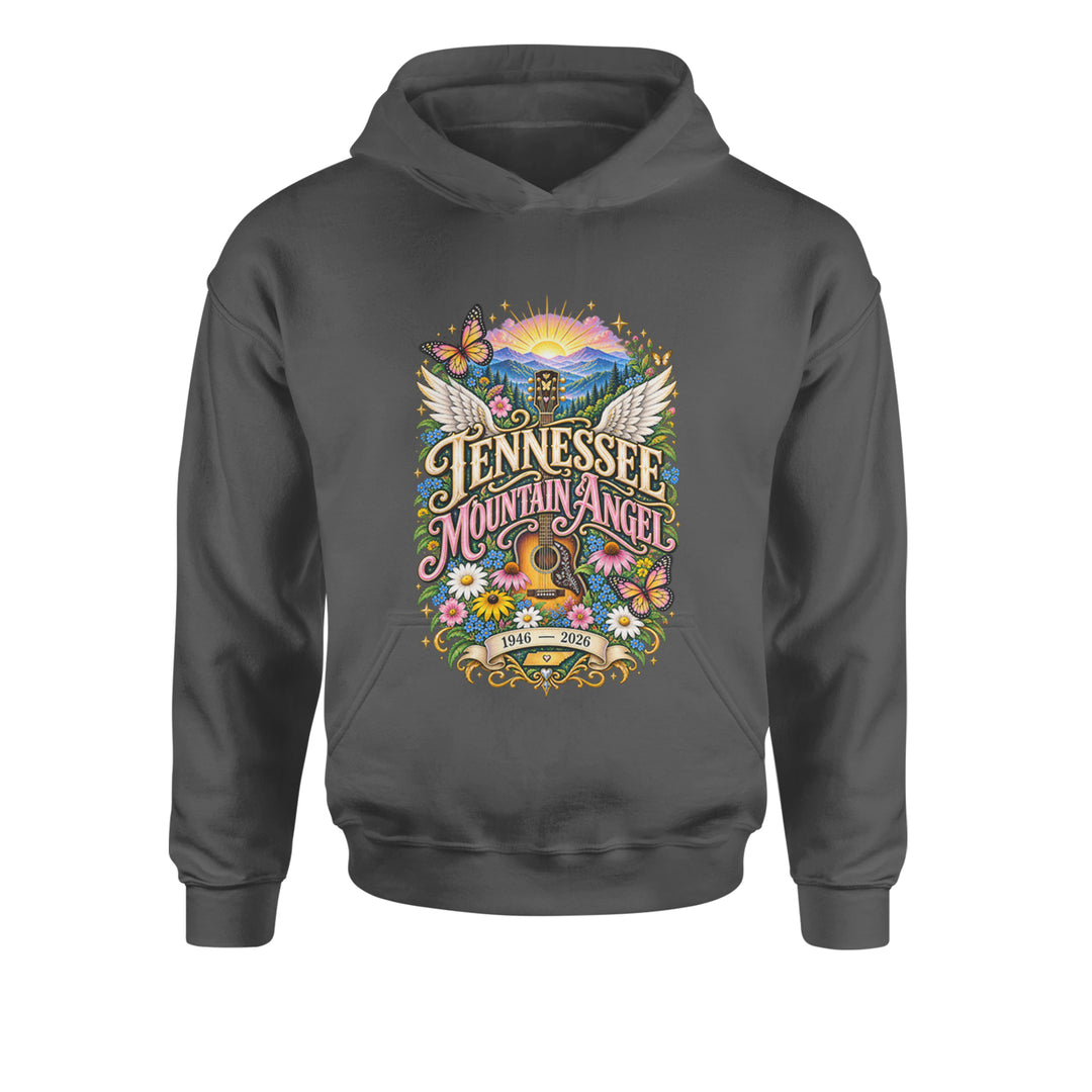 Tennessee Mountain Angel Wings Dolly Youth-Sized Hoodie Charcoal Grey