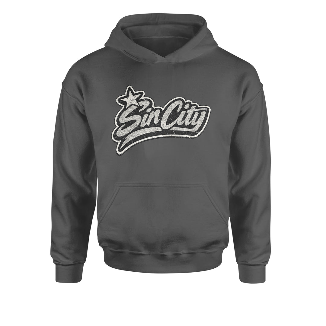 Sin City Vegas Retro Vintage Youth-Sized Hoodie Charcoal Grey