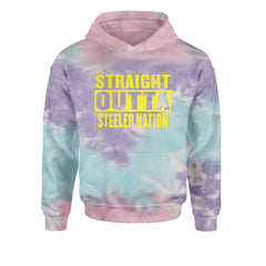 Straight Outta Steeler Nation Football graphic on Kids' Heavyweight Fleece Pullover Hoodie in Tie-Dye Cotton Candy