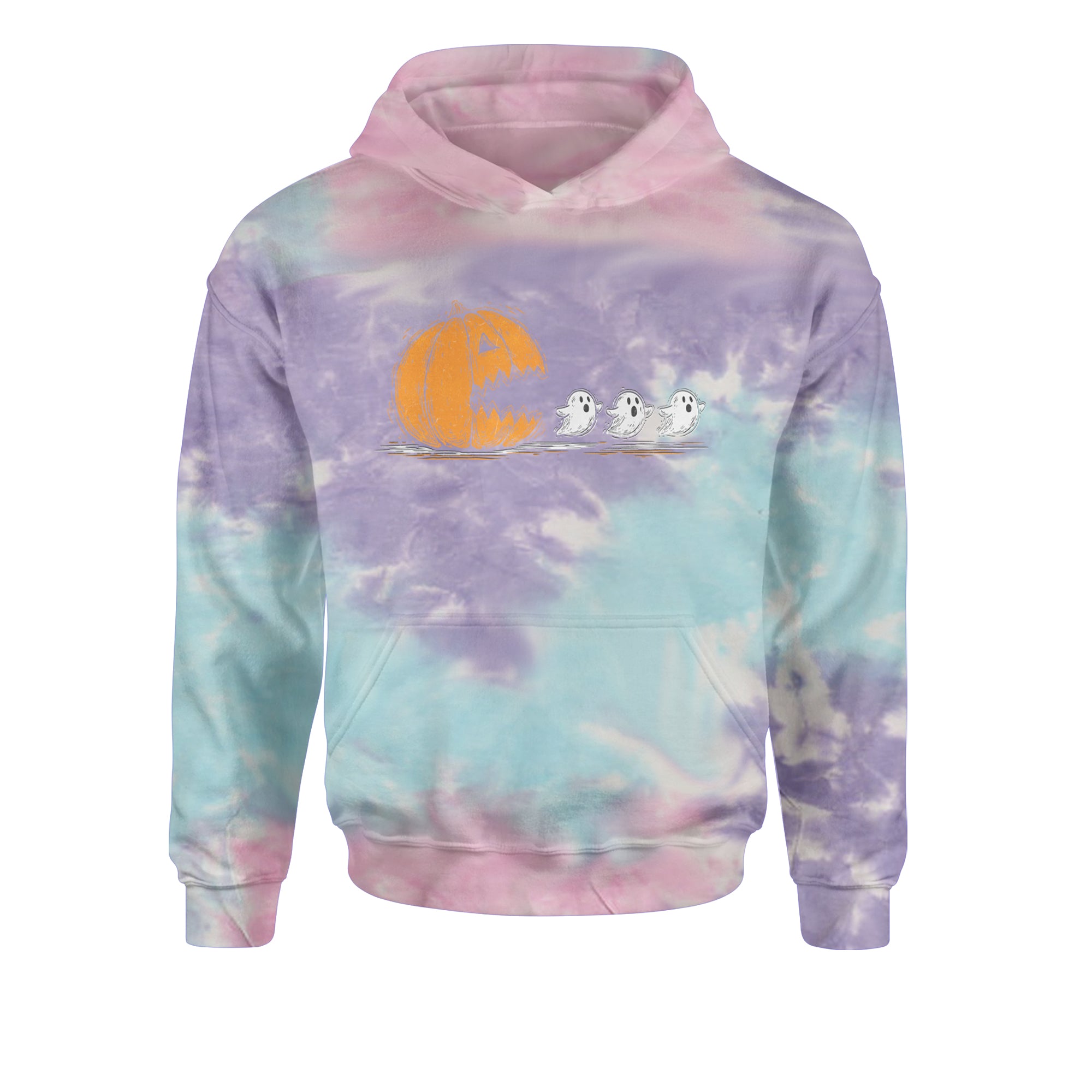 Pumpkin Pacman Chasing Ghosts Halloween Youth-Sized Hoodie Tie-Dye Cotton Candy
