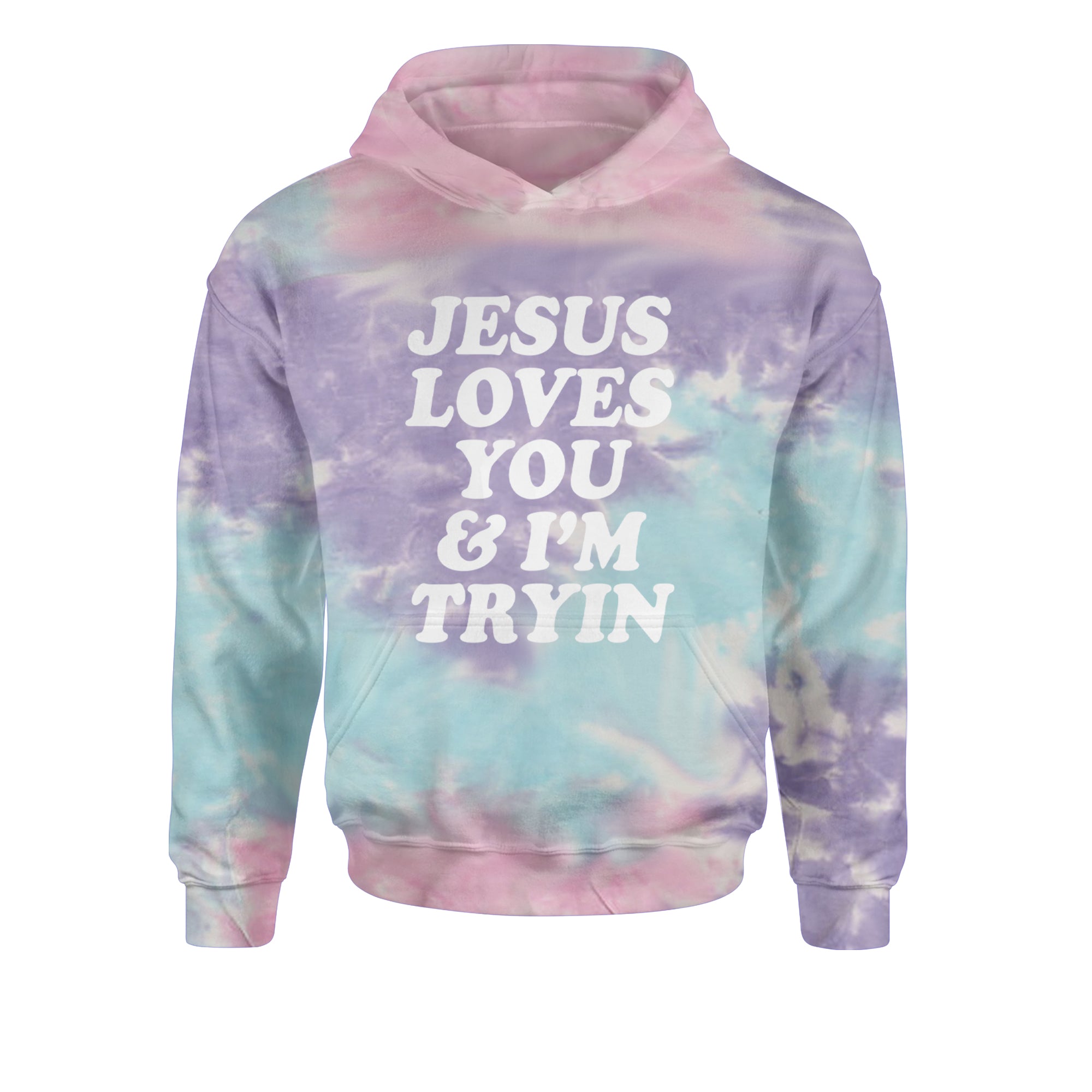 Jesus Loves You and I'm Trying Youth-Sized Hoodie Tie-Dye Cotton Candy