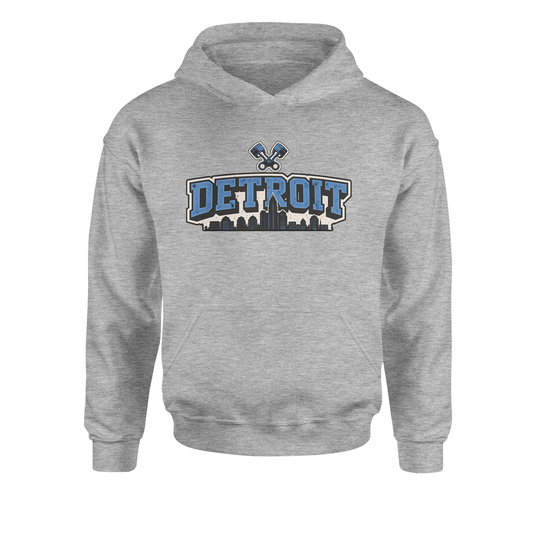 Detroit Motor City Retro Piston Youth-Sized Hoodie Heather Grey