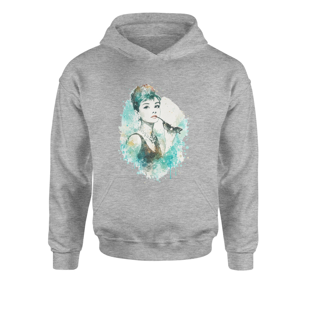 Mrs. Herpburn Iconic Watercolors Youth-Sized Hoodie Heather Grey