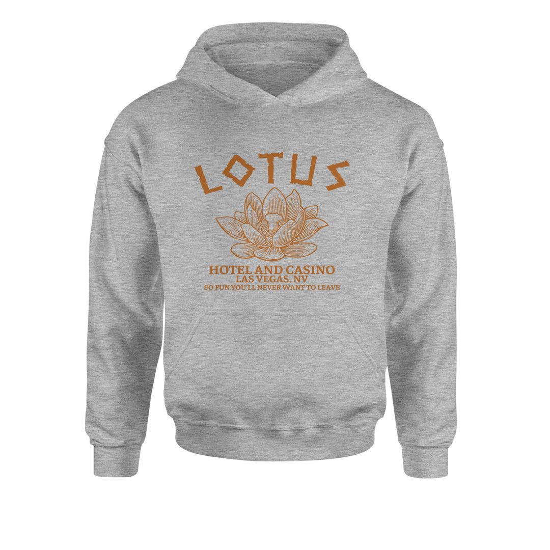 Lotus Hotel and Casino artwork with bold lotus symbol on a kids' heavyweight fleece pullover hoodie