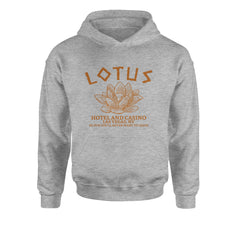 Lotus Hotel and Casino artwork with bold lotus symbol on a kids' heavyweight fleece pullover hoodie