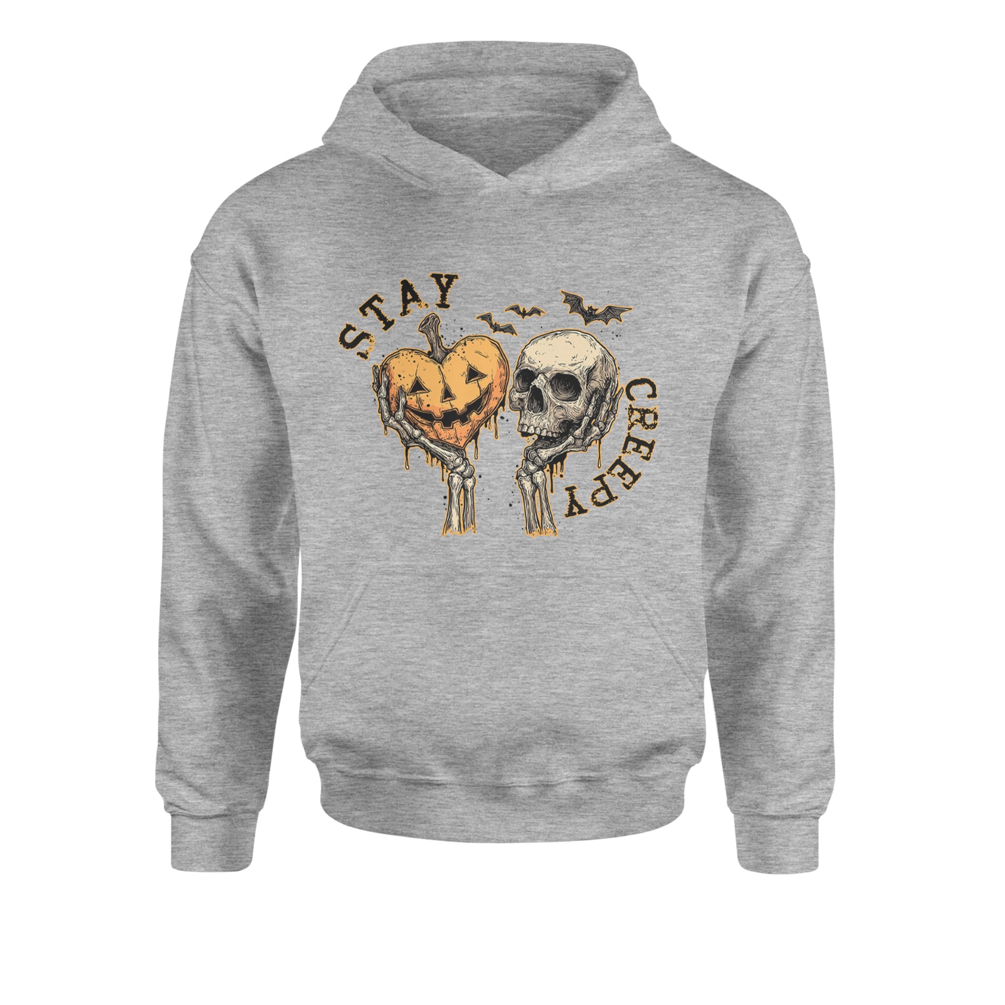 Stay Creepy Skull and Pumpkin Halloween Youth-Sized Hoodie Heather Grey