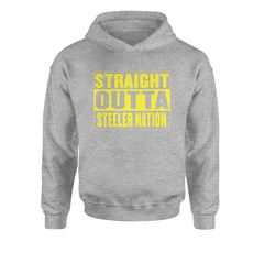 Straight Outta Steeler Nation Football graphic on Kids' Heavyweight Fleece Pullover Hoodie in Heather Grey