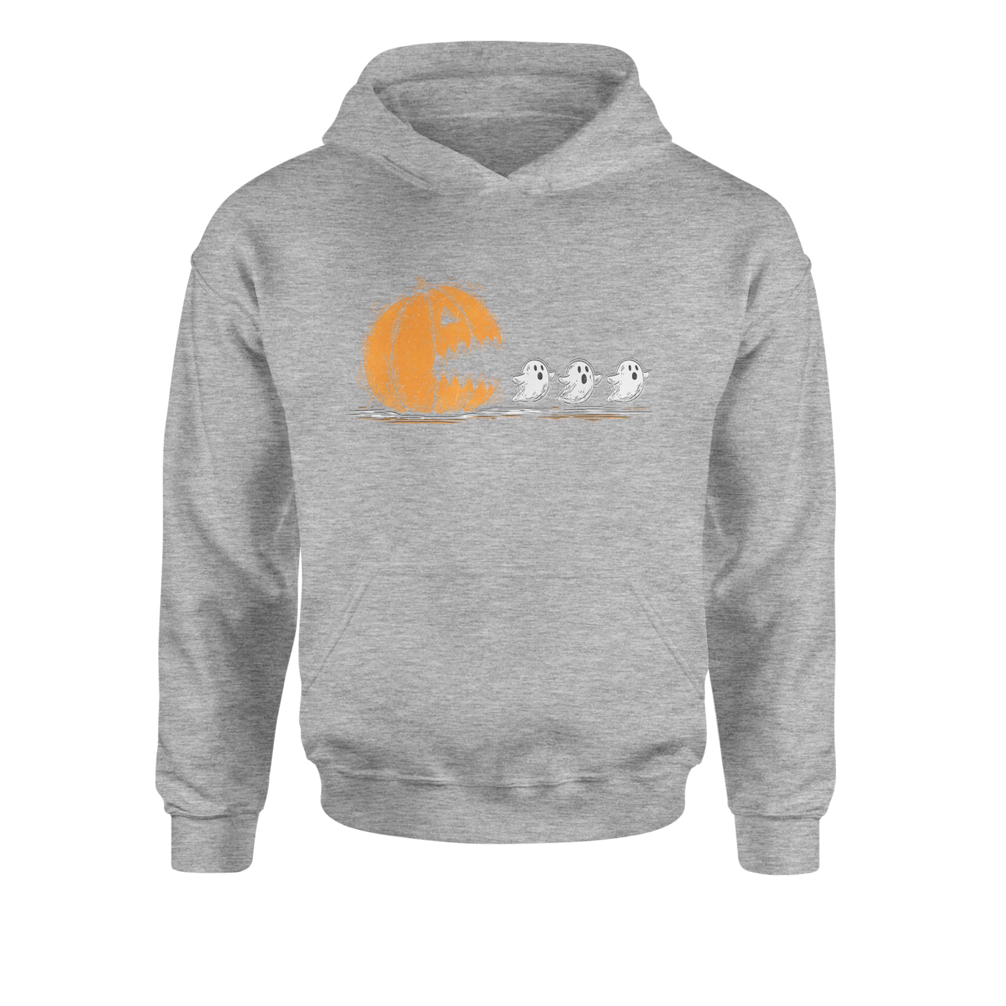 Pumpkin Pacman Chasing Ghosts Halloween Youth-Sized Hoodie Heather Grey